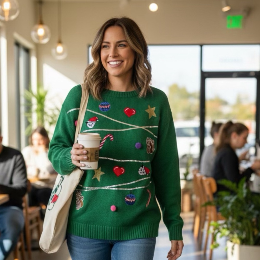 Ugly Christmas Sweater with Festive Embellishments. Ptp 20” length 21”